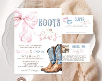 Editable Boots or Bows Gender Reveal Invitation. Pink and Blue Western Theme Party Invite. Boy or Girl Western Gender Reveal Baby Shower.