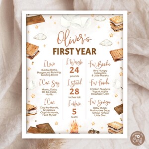 May include: A personalized baby milestone sign with the text "Oliver's First Year." The sign includes details such as weight (24 pounds), height (28 inches), favorite foods, books, and songs. The design features watercolor illustrations and a white frame.