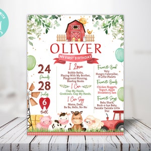 Poster di compleanno modificabile per il primo traguardo della fattoria. Segno di pietra miliare del compleanno del bambino. Festa degli animali della fattoria. Modello fondamentale per la festa di compleanno del cortile.