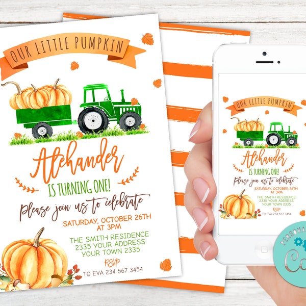 Editable Tractors, Pumpkins, Bales of Hay Birthday Invitation. Green Tractor Truck Birthday Invite. First Birthday Invitation. Pumpkin Party