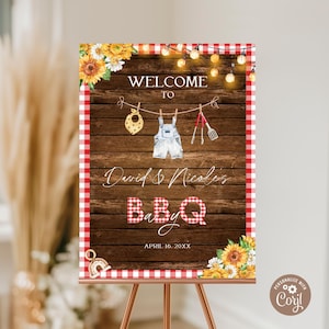 Panneau de bienvenue modifiable pour la douche Baby Q. Enseigne pour baby shower étudiante BaByQ. Enseigne tournesol jardin bébé garçon. Panneau Bienvenue Garçon Rustique Bleu Rouge Vêtements