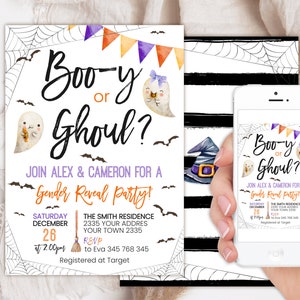 Editable Halloween Baby Shower Invitation. Halloween Gender Reveal Invitation. Boo-y or Ghoul Gender Reveal Invitation. Ghost Baby Shower.