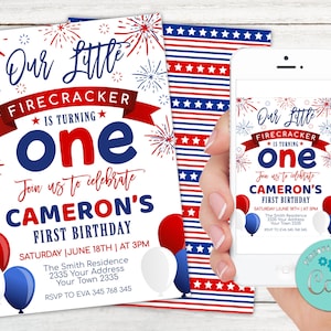 Editable 4th of July First Birthday Invitation. 1st Firecracker Invitation. Stars and Stripe First Birthday Invite. Our Little Firecracker.