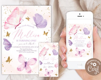 Editable Butterfly Birthday Invitation. Purple Pink Gold Butterfly. 1st Birthday Invite. First Birthday Invite. Girl Butterfly Watercolor.