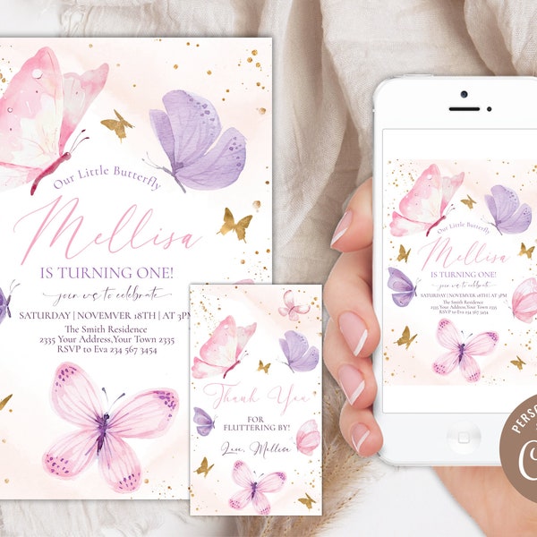 Editable Butterfly Birthday Invitation. Purple Pink Gold Butterfly. 1st Birthday Invite. First Birthday Invite. Girl Butterfly Watercolor.