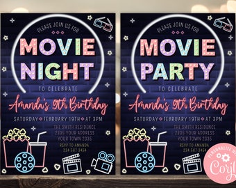 Editable Movie Night Girl Birthday Party Invitation. Movie Night Invite. Movie Birthday Invite. Movie Party Invitation for a Girl. Any age.