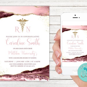 Editable Nursing Graduation Invitation. Registered Nurse Invitation. RN invite. Licensed Vocational Nurse. Blush and Gold Agate Borders.