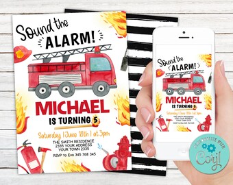 Firefighter Birthday Invitation, Firetruck Invite (Editable Digital Item)