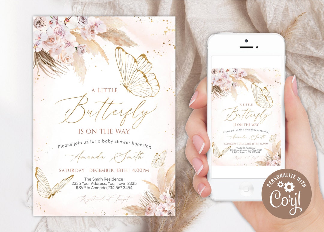 Editable Butterfly Baby Shower Invitation. Boho Blush Mauve Pink Gold ...