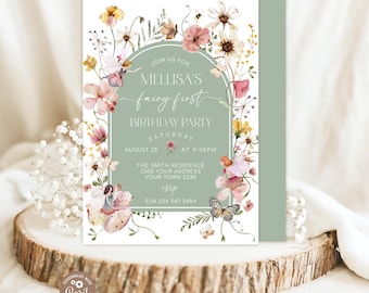Editable Fairy First Birthday Invitation, Watercolor Wildflower Girls Party Template, Sage Green Digital Invite