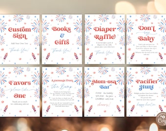 Editable Little Firecracker On The Way Red White Due Baby Shower Signs Bundle. Independence Day Table Signs.