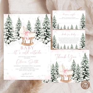 Puede incluir: Juego de invitaciones para baby shower con temática invernal. La invitación presenta una cuna, pinos cubiertos de nieve y el texto "Baby it's cold outside". Incluye tarjetas de rifa de pañales y de agradecimiento.