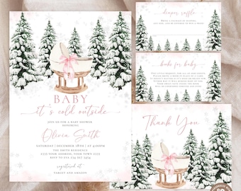Editable Winter Pink Bow Cradle Baby Shower Invitation Set. Baby It's Cold Outside Invite. Spruces Baby Shower Invite. Girl Pink Bow Crib.