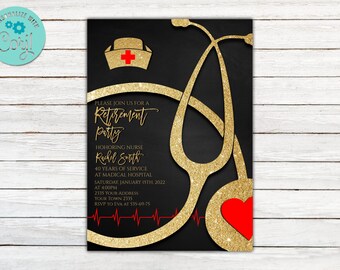 Editable Nurse Retirement Invitation. Nurse Retirement Party Invitation. RN Nurse Retirement Invite. Doctor Retirement invite. Gold & Red.