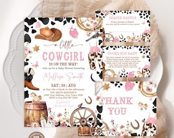 Editable Cowgirl Baby Shower Invitation Set. Wild West Western Girl Pink Rodeo (Digital Download)