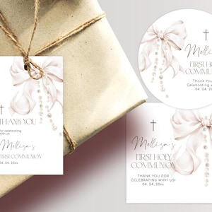 Editable First Holy Communion Tags Set with Beige Bow and Pearls. Elegant First Communion Thank You Tag Set. Mocha Taupe Bow and Pearl.
