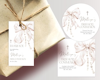 Editable First Communion Favor Tags, Beige Bow & Pearls (Digital), Elegant Thank You Tag Set