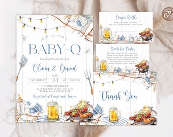Edytowalny zestaw zaproszeń na Baby-Q Blue. Zaproszenie na Baby-Q Baby Shower. Baby Shower Wildflower. Backyard Beer Shower. BBQ Baby Boy Shower.