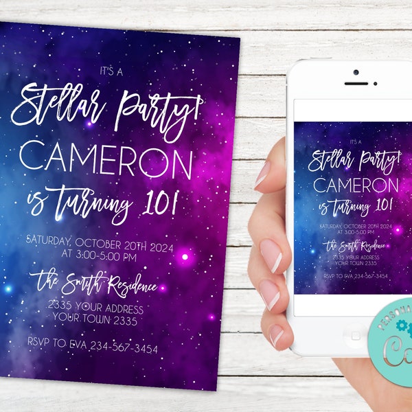 Editable Galaxy Birthday Invitation. Stellar Party Invitation. Galaxy Invitation. Starry Sky Universe Invitation. Galactic Outer Space.