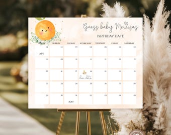 Little Cutie Orange Baby Shower Due Date Calendar Game (Digital), Guess Baby's Birthday. Editable Birthday Prediction Games