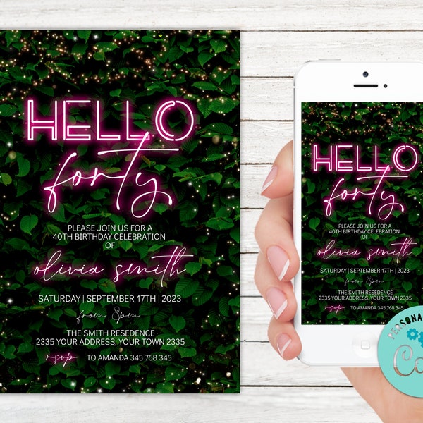 Editable Pink Neon Hello Forty Birthday Invitation. Neon Green Wall Invite. Greenery Pink Neon. Grass Wall. Adult Birthday Evite. Any Age.