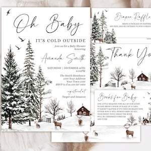 Editable Baby It&#39;s Cold Outside Baby Shower Invitation Set. Winter Wonderland Christmas Snow Log Cabin Deer Gender Neutral Baby Shower.