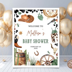 Editable Cowboy Baby Shower Welcome Sign. Welcome Sign A Little Cowboy. Green Wild West Western Boy Outdoors Rodeo Country Baby Shower Sign.