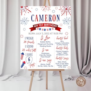4th of July First Birthday Milestone Poster, Firecracker Theme (Editable Digital Download). 1st Firecracker Invitation. Stars and Stripe.