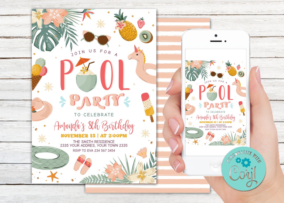 Tropical Pool Party Invitation: Editable Birthday Template (digital ...