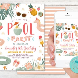 Editable Pool Party Invitation. Girl Tropical Pool Party Birthday Invitation. Summer Pool Party. Modern Simple Chic Pool Party. Any Age.