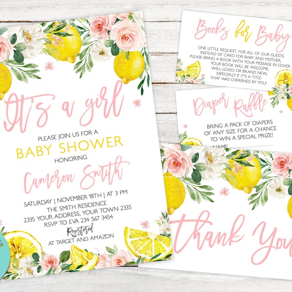 Editable Lemon Baby Shower Invitation. Floral Lemon Baby Shower. Lemonade Baby Shower. Summer Shower. Citrus Baby Shower Invite. Full set.