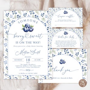 Editable Blueberry Baby Shower Invitation. Berry Sweet Baby Shower Invite. Blueberries Party. A Berry Sweet Baby Is On The Way Baby Shower.
