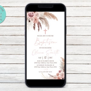 Invitación editable de bautismo boho. Evite el bautizo boho. Invitación de texto de Pampas Grass. Invitación de texto de bautismo boho de niña. Bautismo pampeano.