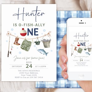 Editable Fishing First Birthday Party Invitation. Fishing Invite. Fishing Party.  O-Fish-Ally One Boy 1st Birthday. Gone Fishing Party.