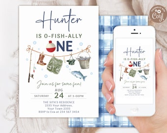 Editable Fishing First Birthday Party Invitation. Fishing Invite. Fishing Party.  O-Fish-Ally One Boy 1st Birthday. Gone Fishing Party.