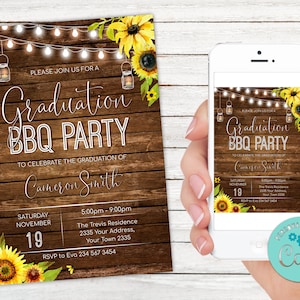 Editable Graduation BBQ Party Invitation. Graduation Celebration Invitation. Sunflower. Light Bulb Invite. Mason jar invitation. Wood board.