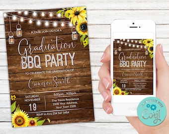 Editable Graduation BBQ Party Invitation. Graduation Celebration Invitation. Sunflower. Light Bulb Invite. Mason jar invitation. Wood board.