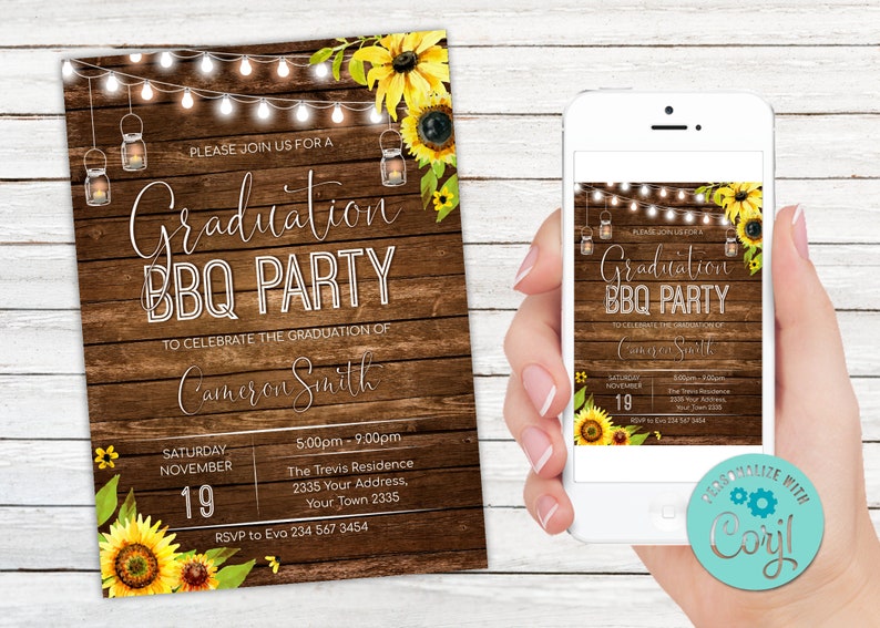 May include: A graduation BBQ party invitation template featuring a dark wood background, string lights, mason jar lanterns, and yellow sunflowers. The text reads: Please join us for a Graduation BBQ Party to celebrate the graduation of Cameron Smith.