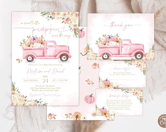 Editable Pumpkin Baby Shower Invitation Set. A Little Pumpkin Is On The Way. Floral Baby Shower Invite. Pink Truck Baby Shower. Fall Shower.