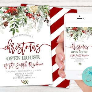May include: Christmas Open House invitation with floral accents. The invitation features the words "Christmas Open House" in a festive script, along with event details. A smartphone displays the invitation. The design includes red and green colors.