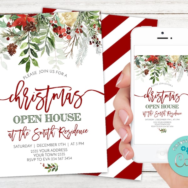 Editable Christmas Open House Party Invitation. Open House Invitation. Christmas Party. Open House Christmas. Company Party. Size 5x7, 4x6.