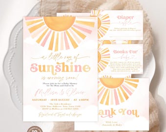 Editable A Little Ray of Sunshine Invitation Set. Sunshine Baby Shower Invitation Bundle. Sun Baby Shower Invite.  Boho Sun Baby Shower.
