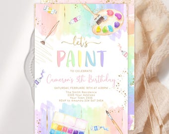 May include: A pastel-colored invitation with watercolor paint supplies. The text "let's PAINT" is displayed, along with details for a 5th birthday celebration. Watercolor brushes, paint tubes, and a palette are illustrated.