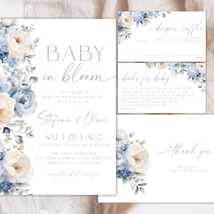 Editable Baby in Bloom Baby Shower Invitation Set. Dusty Blue Floral Baby Shower Invite. Light Blue and White Flowers Invitation Bundle.