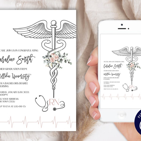 Floral Nursing Graduation Invitation, RN, LVN (Editable Digital Item)