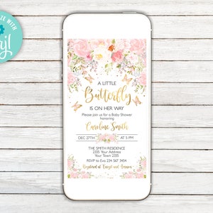 Editable Butterfly Baby Shower Invitation. Girl Baby Shower Invite. Butterflies Watercolor Floral. Fairy Baby Shower. Blush Pink. Digital.