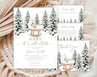 Editable Winter Cradle Baby Shower Invitation Set. Baby It's Cold Outside Invite. Spruces Baby Shower Invite. Gender Neutral Invitation.