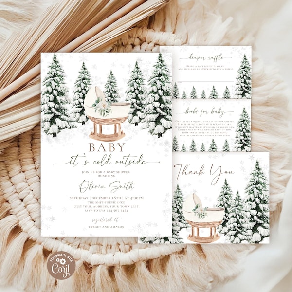Editable Winter Cradle Baby Shower Invitation Set. Baby It's Cold Outside Invite. Spruces Baby Shower Invite. Gender Neutral Invitation.