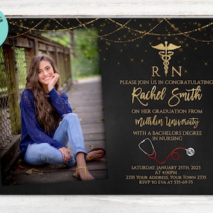 Editable Nursing Graduation Invitation. Nursing Graduation Invitation with Photo. Registered Nurse Invitation. RN invitation. Gold & Red.