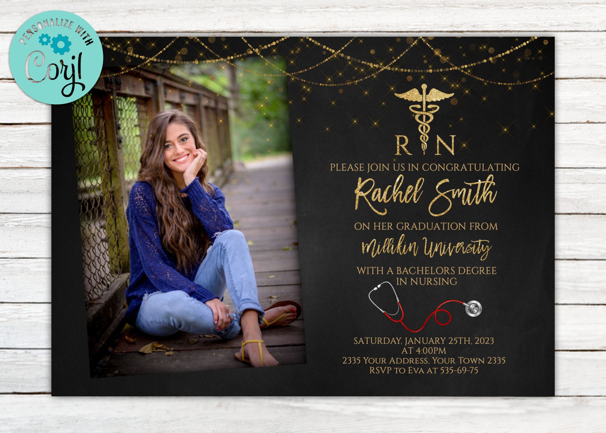 Editable Nursing Graduation Invitation. Nursing Graduation Invitation with Photo. Registered Nurse Invitation. RN invitation. Gold & Red.